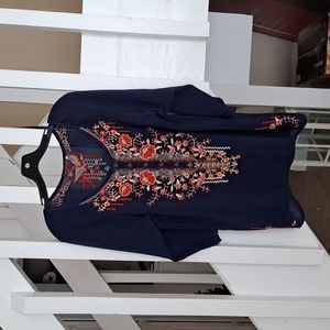 Johnny Was Navyblue Tunic Style Blouse with Embriodery Very Nice Condition szS